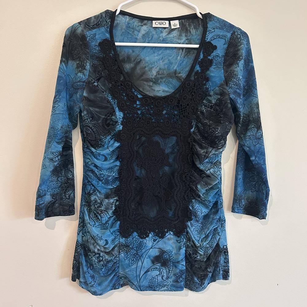 Blue Velvet Burnout Top Shirt Sz S Floral Paisley Lace Sheer Gothic Whimsigoth